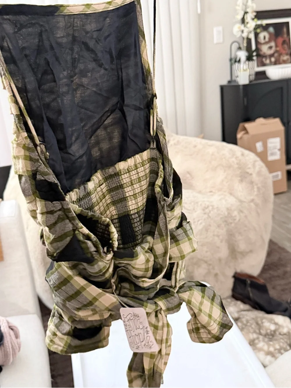 Free People Olive Green and Black Plaid Ruched Tank Top
